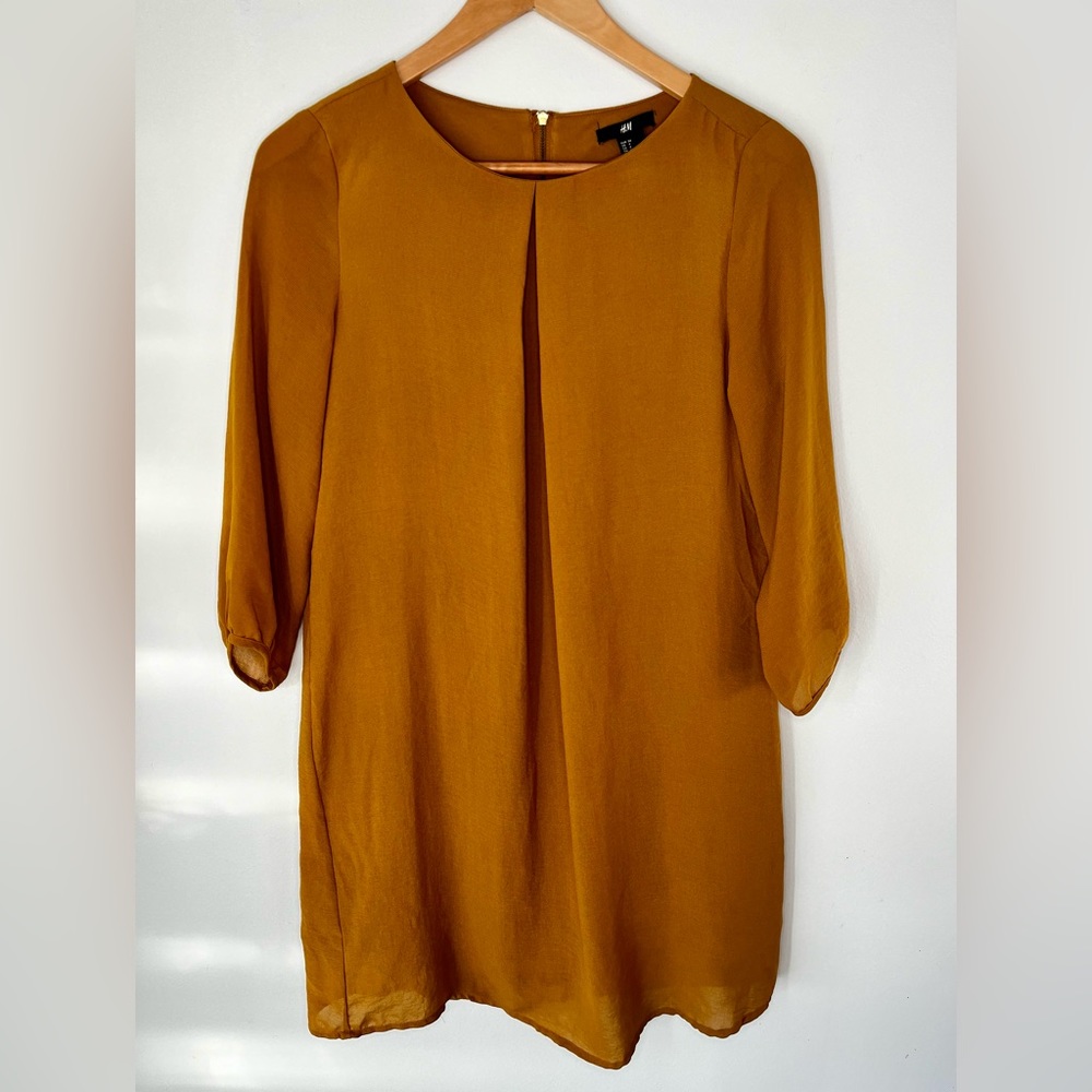 H&M Size 4 Sheath Dress Mustard Gold Knee Length 3/4 Sleeve